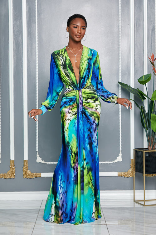 GREEN-BLUE MULTI LONG SLEEVES DEEP V-NECK MAXI DRESS