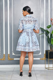 PAISLEY PRINT COLLARED NECKLINE BELTED DRESS (BLUE)