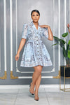 PAISLEY PRINT COLLARED NECKLINE BELTED DRESS (BLUE)