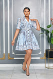 PAISLEY PRINT COLLARED NECKLINE BELTED DRESS (BLUE)