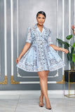 PAISLEY PRINT COLLARED NECKLINE BELTED DRESS (BLUE)