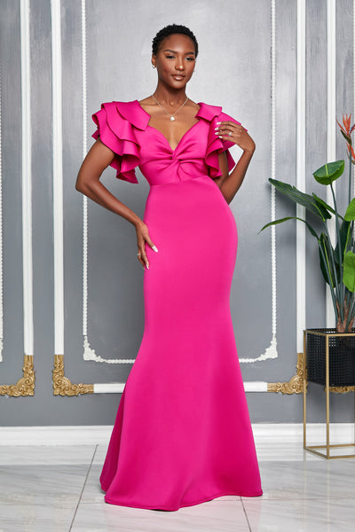 FLUTTER SLEEVE DRAPED DETAIL MERMAID MAXI DRESS (FUCHSIA)