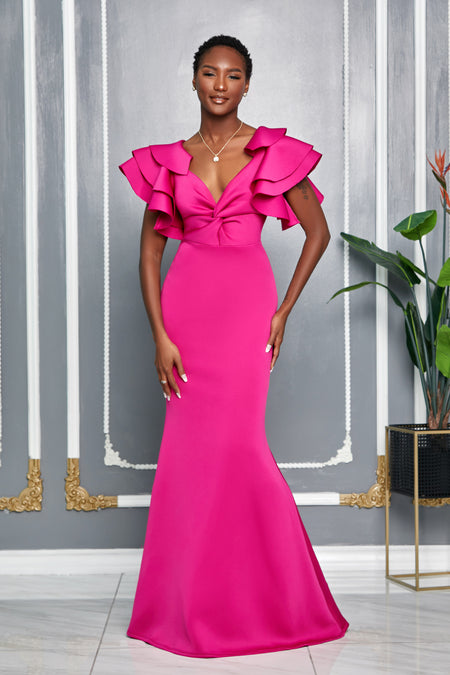 ELEGANCE ONE SHOULDER CAPE SLEEVE MAXI DRESS (ROSE PINK)