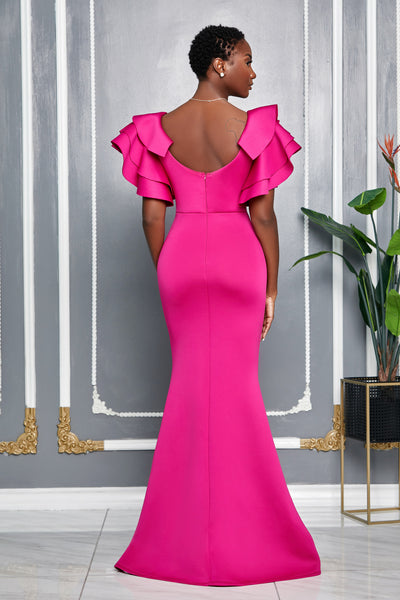 FLUTTER SLEEVE DRAPED DETAIL MERMAID MAXI DRESS (FUCHSIA)