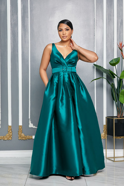 ELEGANCE V-NECK BELTED MAXI DRESS WITH POCKETS (EMERALD GREEN)