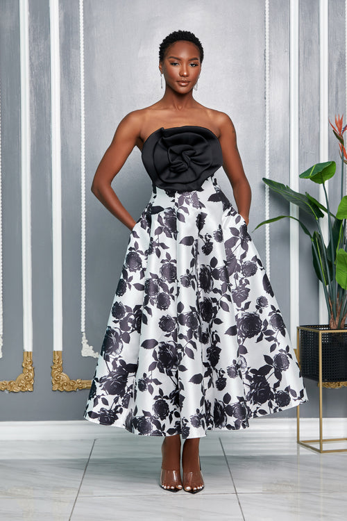 BLACK ROSE PRINTED FLARE MAXI SKIRT (BLACK/WHITE)