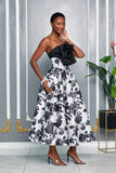 BLACK ROSE PRINTED FLARE MAXI SKIRT (BLACK/WHITE)