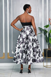 BLACK ROSE PRINTED FLARE MAXI SKIRT (BLACK/WHITE)