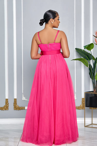 CHARMING SWEETHEART NECKLINE BELTED TULLE GOWN (FUCHSIA)