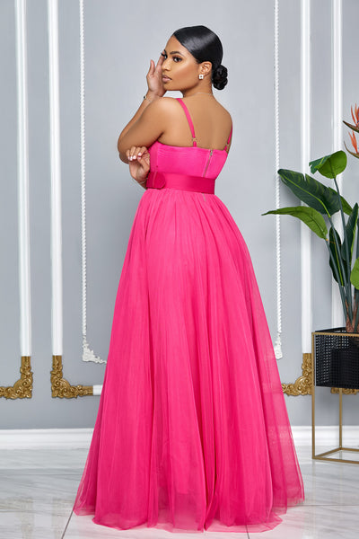 CHARMING SWEETHEART NECKLINE BELTED TULLE GOWN (FUCHSIA)