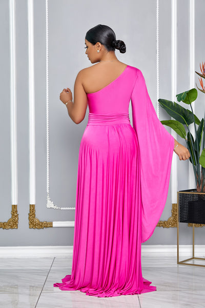 ELEGANCE ONE SHOULDER CAPE SLEEVE MAXI DRESS (PINK)