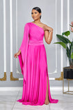 ELEGANCE ONE SHOULDER CAPE SLEEVE MAXI DRESS (PINK)