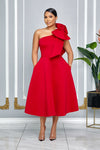 SINGLE SHOULDER BOW DETAIL FLARE MIDI DRESS WITH POCKETS (RED)