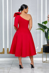 SINGLE SHOULDER BOW DETAIL FLARE MIDI DRESS WITH POCKETS (RED)