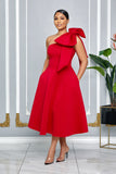 SINGLE SHOULDER BOW DETAIL FLARE MIDI DRESS WITH POCKETS (RED)