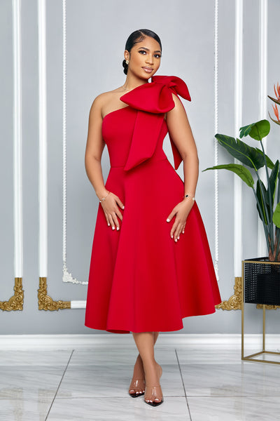 SINGLE SHOULDER BOW DETAIL FLARE MIDI DRESS WITH POCKETS (RED)