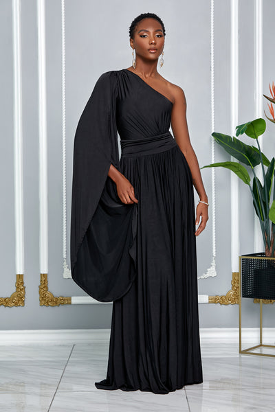 ELEGANCE ONE SHOULDER CAPE SLEEVE MAXI DRESS (BLACK)