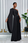 ELEGANCE ONE SHOULDER CAPE SLEEVE MAXI DRESS (BLACK)