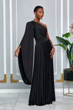 ELEGANCE ONE SHOULDER CAPE SLEEVE MAXI DRESS (BLACK)