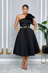 SINGLE SHOULDER BOW DETAIL FLARE MIDI DRESS WITH POCKETS (BLACK)