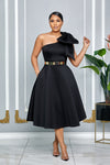 SINGLE SHOULDER BOW DETAIL FLARE MIDI DRESS WITH POCKETS (BLACK)