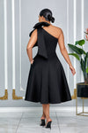 SINGLE SHOULDER BOW DETAIL FLARE MIDI DRESS WITH POCKETS (BLACK)