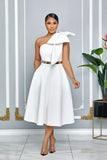 SINGLE SHOULDER BOW DETAIL FLARE MIDI DRESS WITH POCKETS (WHITE)