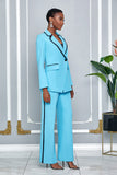 TWO PIECE DOUBLE-BREASTED BLAZER PANTSUIT WITH TRIM ACCENT (SKY-BLUE)