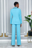 TWO PIECE DOUBLE-BREASTED BLAZER PANTSUIT WITH TRIM ACCENT (SKY-BLUE)