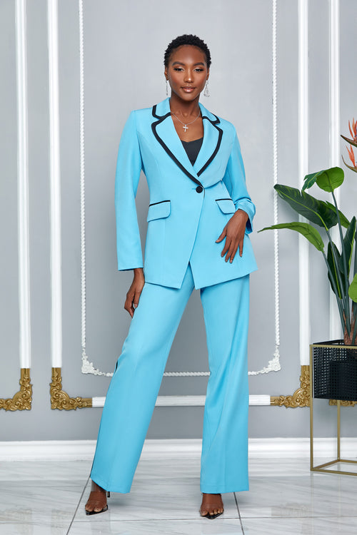 TWO PIECE DOUBLE-BREASTED BLAZER PANTSUIT WITH TRIM ACCENT (SKY-BLUE)