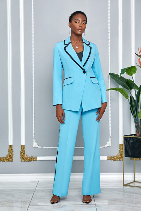 TWO PIECE DOUBLE-BREASTED BLAZER PANTSUIT WITH TRIM ACCENT (BLACK-RED)