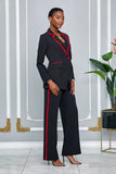 TWO PIECE DOUBLE-BREASTED BLAZER PANTSUIT WITH TRIM ACCENT (BLACK-RED)