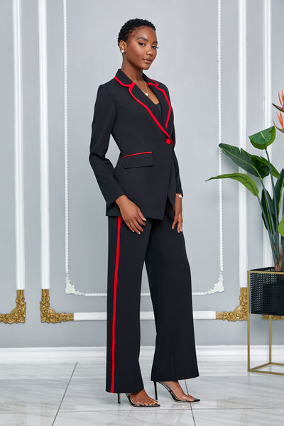 TWO PIECE DOUBLE-BREASTED BLAZER PANTSUIT WITH TRIM ACCENT (BLACK-RED)