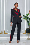 TWO PIECE DOUBLE-BREASTED BLAZER PANTSUIT WITH TRIM ACCENT (BLACK-RED)