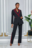 TWO PIECE DOUBLE-BREASTED BLAZER PANTSUIT WITH TRIM ACCENT (BLACK-RED)