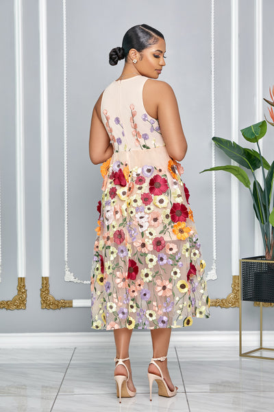 3D FLORAL SLEEVELESS EMBROIDERED MIDI DRESS (NUDE)