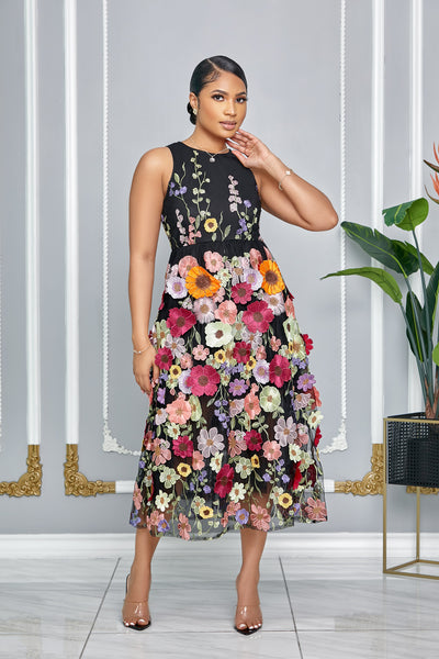 3D FLORAL SLEEVELESS EMBROIDERED MIDI DRESS (BLACK)