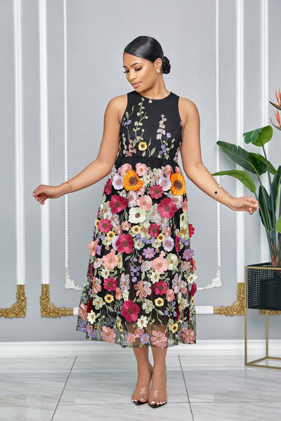 3D FLORAL SLEEVELESS EMBROIDERED MIDI DRESS (BLACK)