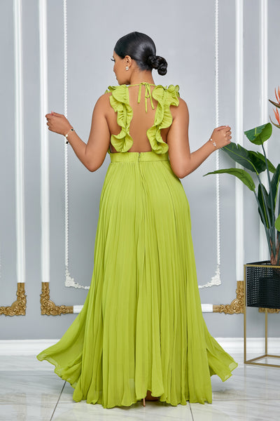 CHIFFON SLEEVELESS RUFFLE PLEATED MAXI DRESS (APPLE GREEN)