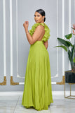 CHIFFON SLEEVELESS RUFFLE PLEATED MAXI DRESS (APPLE GREEN)