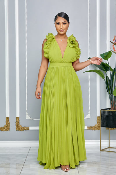 CHIFFON SLEEVELESS RUFFLE PLEATED MAXI DRESS (APPLE GREEN)