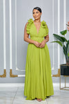 CHIFFON SLEEVELESS RUFFLE PLEATED MAXI DRESS (APPLE GREEN)