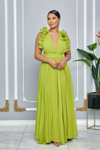 CHIFFON SLEEVELESS RUFFLE PLEATED MAXI DRESS (APPLE GREEN)