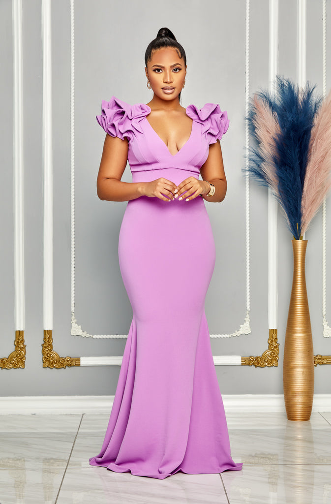 Lilac gown deals with sleeves