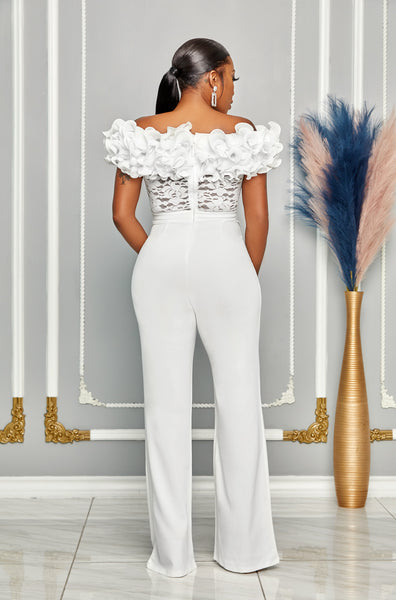 OFF SHOULDER RUFFLE DETAILED LACE TOP JUMPSUIT (WHITE)