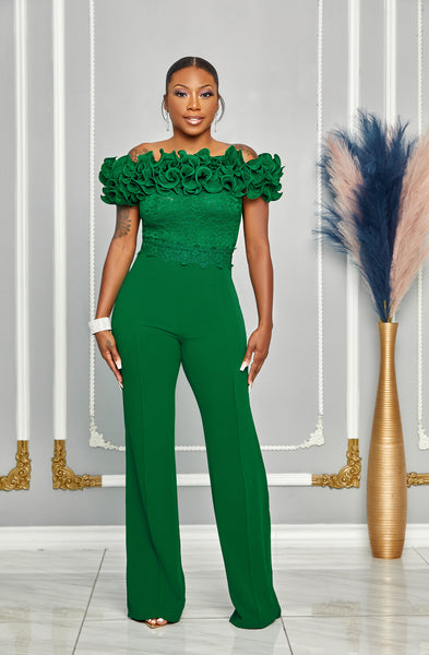 OFF SHOULDER RUFFLE DETAILED LACE TOP JUMPSUIT (EMERALD GREEN)
