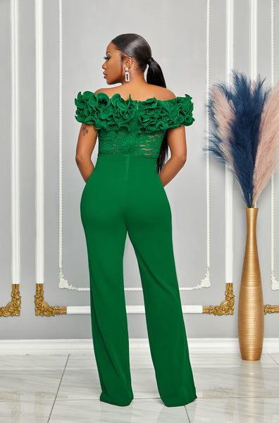 OFF SHOULDER RUFFLE DETAILED LACE TOP JUMPSUIT (EMERALD GREEN)