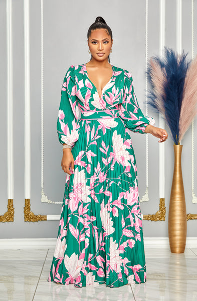 FLORAL PRINT V-NECK PLEATED MAXI DRESS (PINK/GREEN)