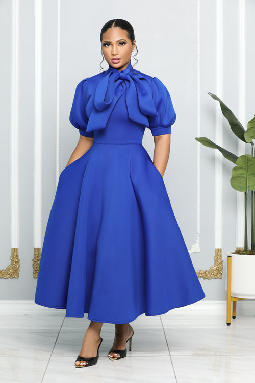 BUBBLE SLEEVE NECK BOW FIT AND FLARE DRESS (ROYAL BLUE)