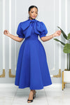 BUBBLE SLEEVE NECK BOW FIT AND FLARE DRESS (ROYAL BLUE)